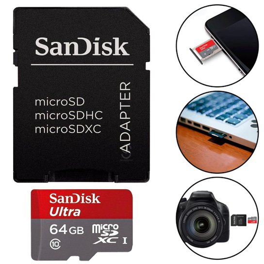 Cartão de Memória Micro SD SanDisk 64GB Ultra com Adaptador - Preto é ruim? Cartão de Memória Micro SD SanDisk 64GB Ultra com Adaptador - Preto é boa?