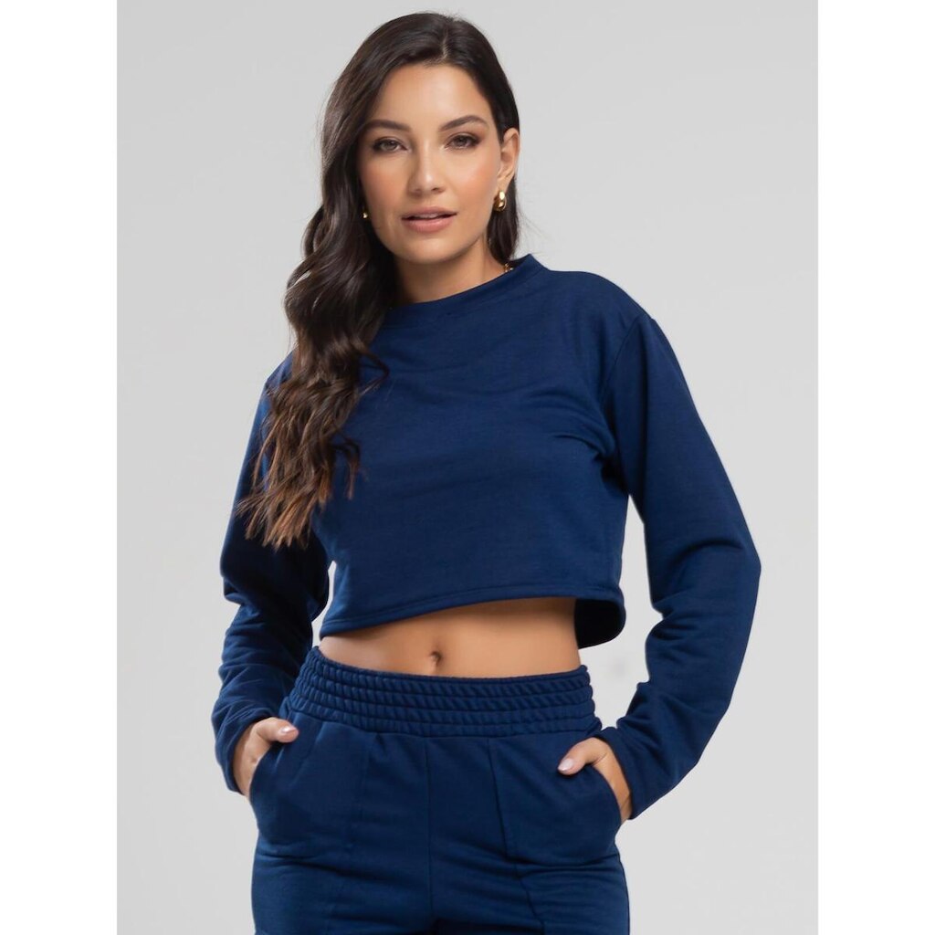 Casaco Cropped Manga Longa Moletinho Feminino Moda Casual