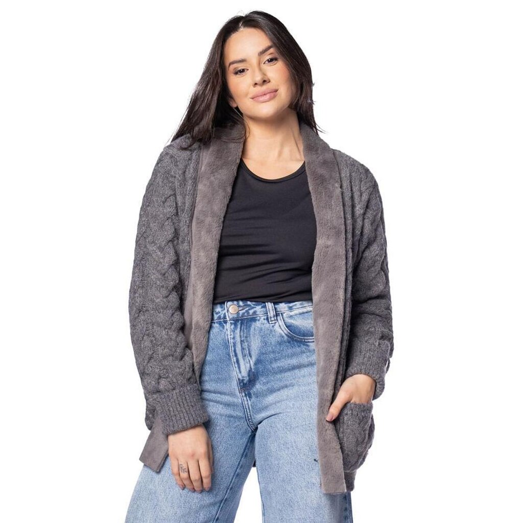 Casaco Feminino Biamar Tricot Com Pele Fake Cinza