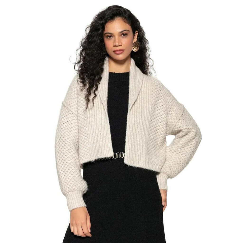 Casaco Feminino Biamar Tricot Lapela Canelada Bege Claro