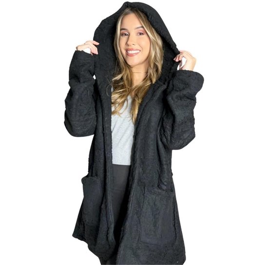 Casaco Feminino Teddy Sobretudo Pelinho Pelúcia Blogueira com Capuz - Preto Menor preço em Casaco Feminino Teddy Sobretudo Pelinho Pelúcia Blogueira com Capuz - Preto