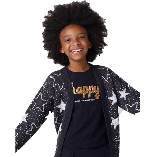 Casaco Infantil Menina Em Tricô Estampado - Preto Menor preço em Casaco Infantil Menina Em Tricô Estampado - Preto