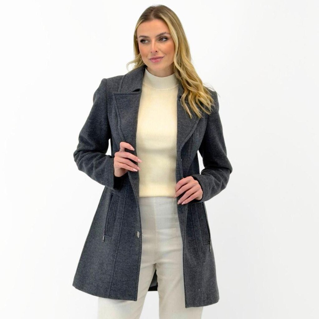 Casaco Malise 7/8 em Lã Batida com Bolso Feminino