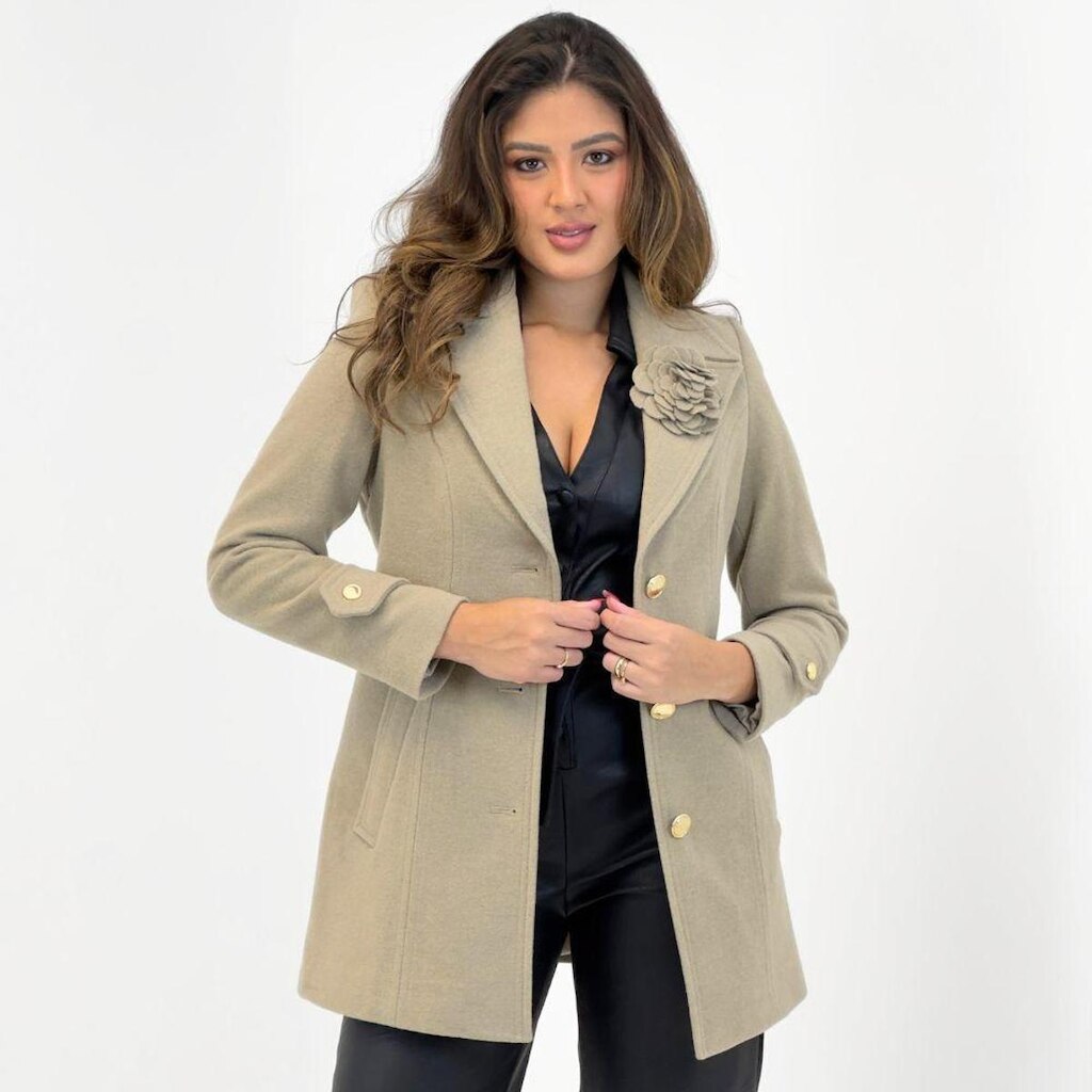 Casaco Malise 7/8 em Lã Batida com Flor Feminino
