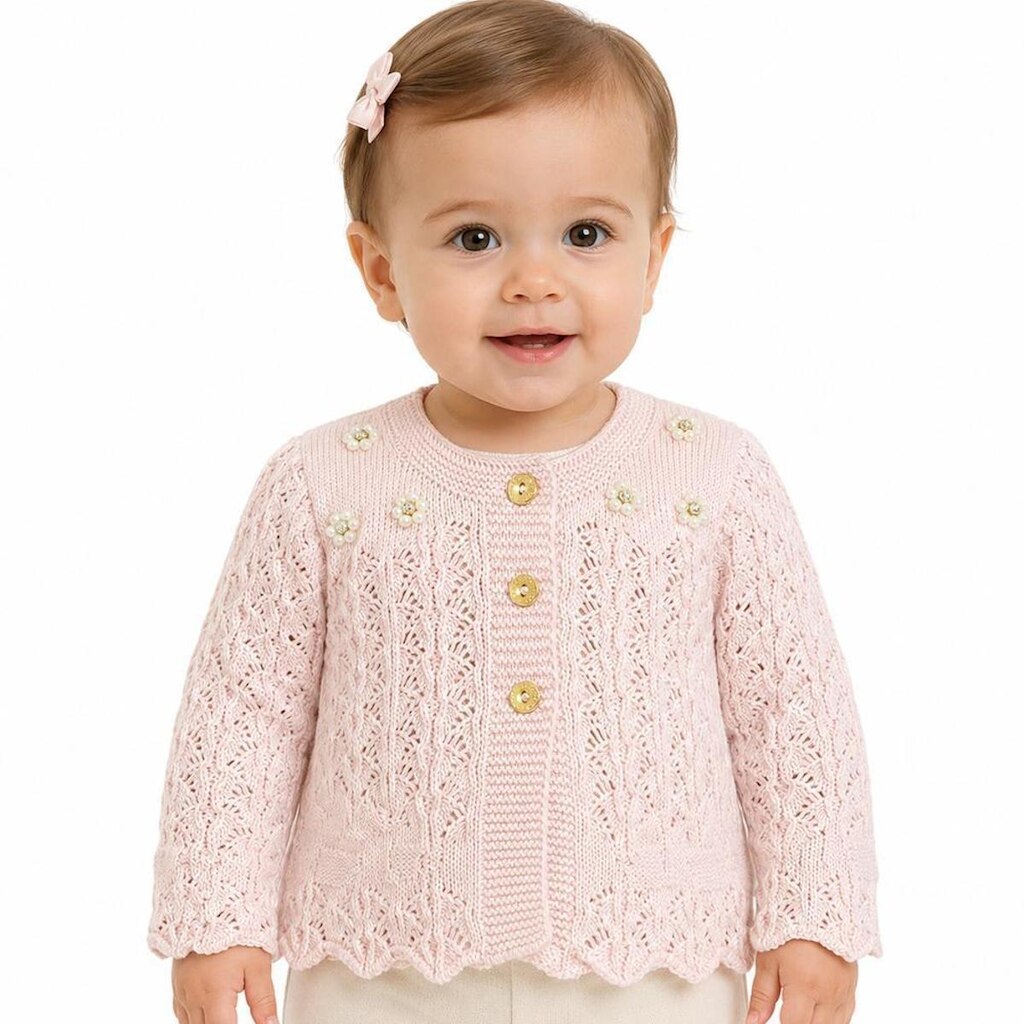 Casaco Ponto Bico Tricô Kids Trabalhado Rosa Claro