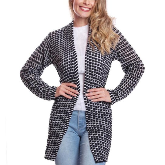 Casaco Sobretudo Tricot Lara Feminino - Branco+Preto Menor preço em Casaco Sobretudo Tricot Lara Feminino - Branco+Preto