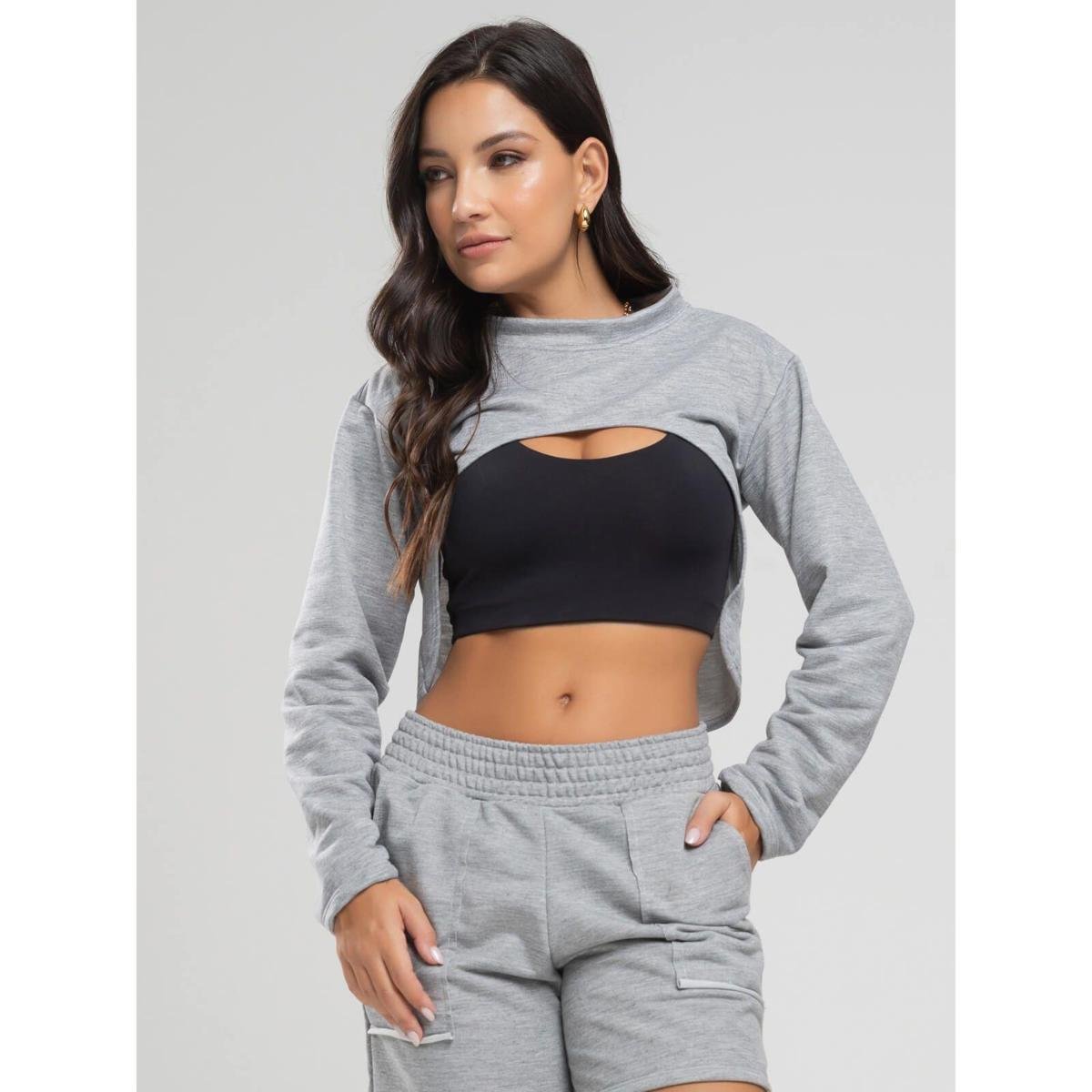 Casaco Super Cropped Manga Longa Feminina Moda Casual