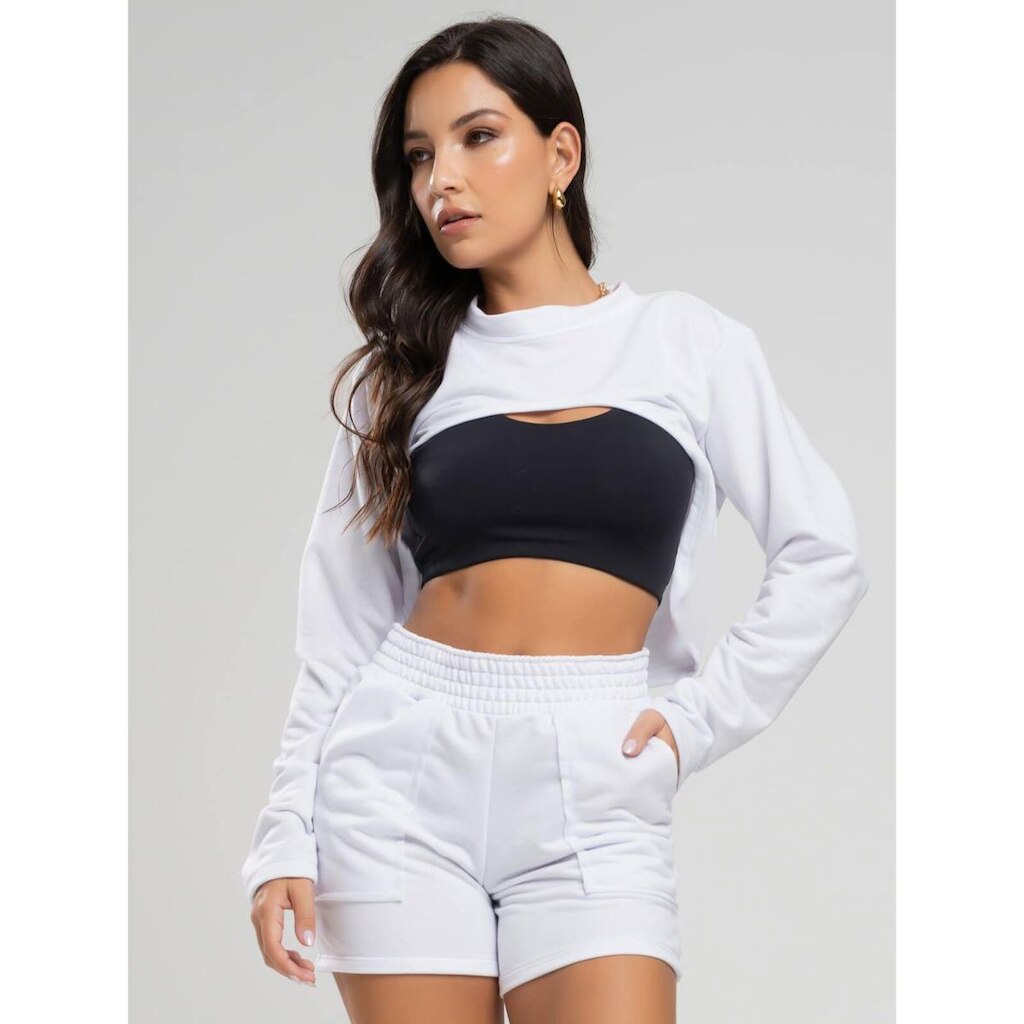 Casaco Super Cropped Manga Longa Feminina Moda Casual