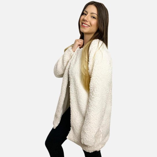 Casaco Teddy Alongado Pelo Fake Loy Feminino - Branco