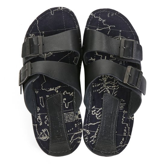 Chinelo Couro Pegada Mapa Fivelas - Preto Menor preço em Chinelo Couro Pegada Mapa Fivelas - Preto