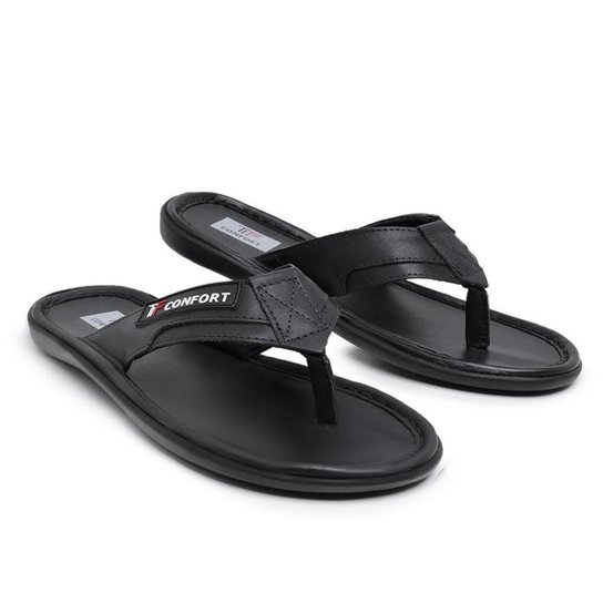Chinelo Masculino Casual Couro Tiras Conforto Dia a Dia - Preto Menor preço em Chinelo Masculino Casual Couro Tiras Conforto Dia a Dia - Preto