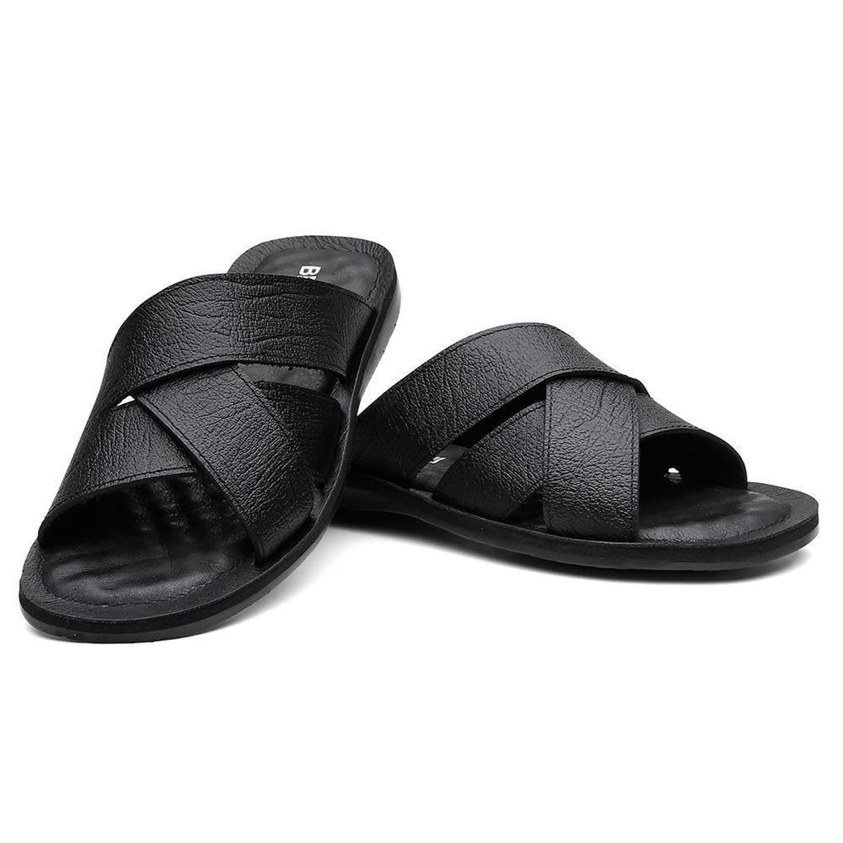 Chinelo Masculino Couro Dia a Dia Confortável Versátil Macio - Preto ...