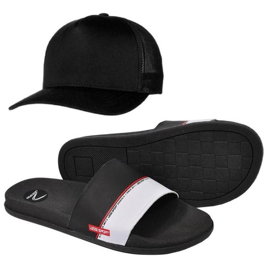 Chinelo Slide UZZE Infantil Masculino Confortável + Boné - Preto+Branco Menor preço em Chinelo Slide UZZE Infantil Masculino Confortável + Boné - Preto+Branco
