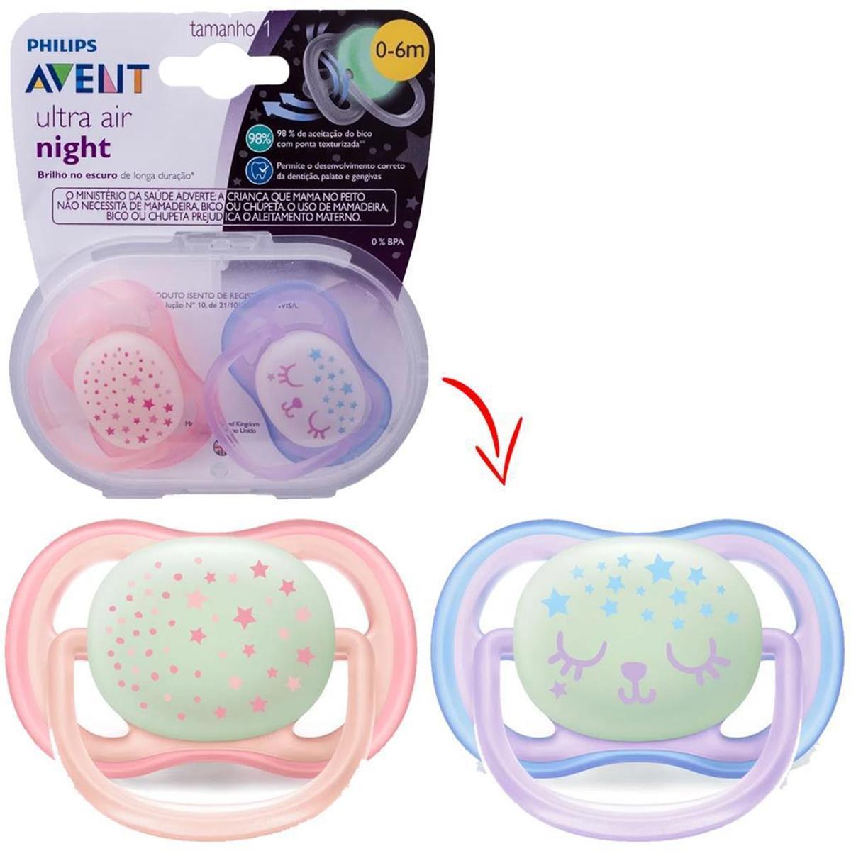 Chupeta Ultra Air Dupla 0 a 6 Meses Brilha no Escuro Avent - Rosa ...