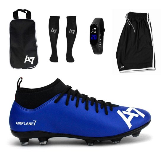 Chuteira Botinha De Campo + Meião + Relógio + Porta + Short - Azul Menor preço em Chuteira Botinha De Campo + Meião + Relógio + Porta + Short - Azul