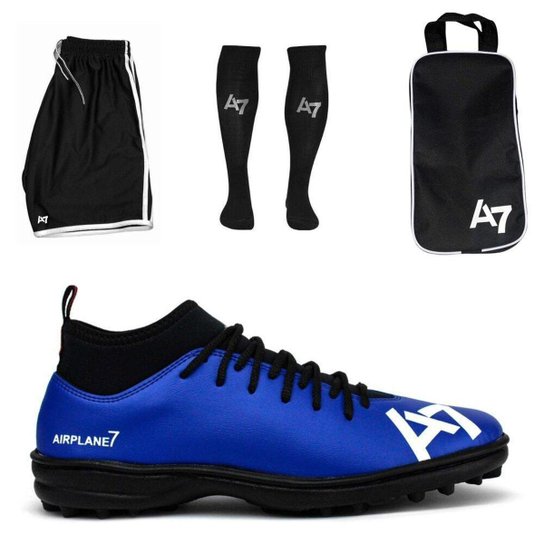 Chuteira Botinha Society + Porta + Meião + Short - Azul Menor preço em Chuteira Botinha Society + Porta + Meião + Short - Azul