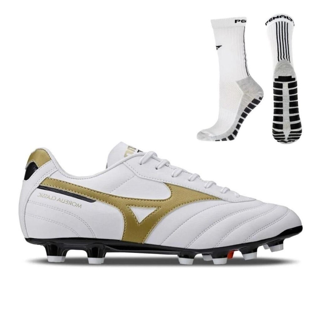 Chuteira Campo Mizuno Morelia Classic MD + Meia Antiderrapante Branca