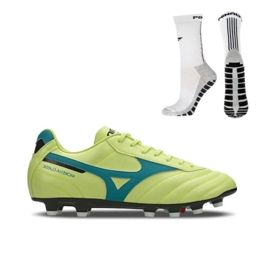 Chuteira Campo Mizuno Morelia Classic MD + Meia Antiderrapante Branca