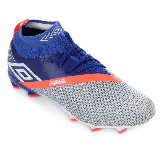 Chuteira Campo Umbro Soul Knit - Branco e Azul Menor preço em Chuteira Campo Umbro Soul Knit - Branco e Azul