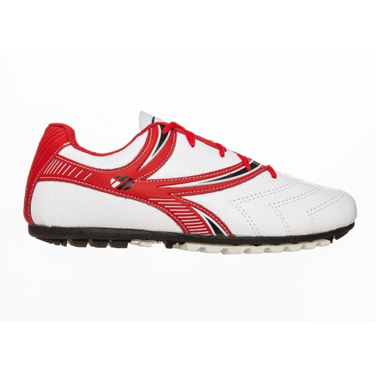Chuteira De Couro Society Costurada Solado Borracha Olimpica 3300 - Branco+Vermelho Menor preço em Chuteira De Couro Society Costurada Solado Borracha Olimpica 3300 - Branco+Vermelho