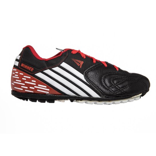 Chuteira De Couro Society Costurada Solado Borracha Winner 1100 - Preto+Vermelho Menor preço em Chuteira De Couro Society Costurada Solado Borracha Winner 1100 - Preto+Vermelho
