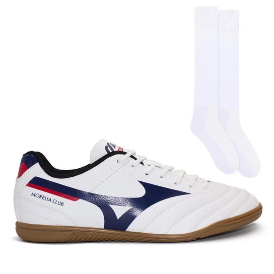 Chuteira Futsal Mizuno Masculina Morelia Club In + Meião Color Sports - Branco+Marinho Menor preço em Chuteira Futsal Mizuno Masculina Morelia Club In + Meião Color Sports - Branco+Marinho
