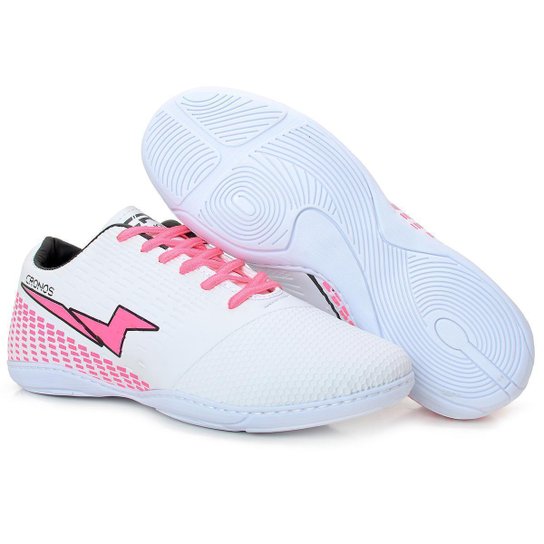 Menor preço em Chuteira futsal salão cronos masculino feminino sola costurada cano baixo futebol quadra - Branco+Rosa