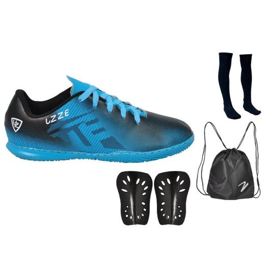 Chuteira Futsal UZ Costurada Futebol Quadra + Meião Caneleira Mochila Esportiva - Azul Menor preço em Chuteira Futsal UZ Costurada Futebol Quadra + Meião Caneleira Mochila Esportiva - Azul