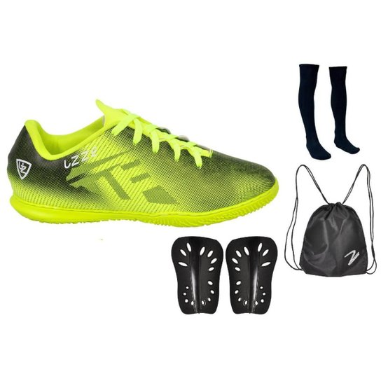 Chuteira Futsal UZ Costurada Futebol Quadra + Meião Caneleira Mochila Esportiva - Amarelo Menor preço em Chuteira Futsal UZ Costurada Futebol Quadra + Meião Caneleira Mochila Esportiva - Amarelo