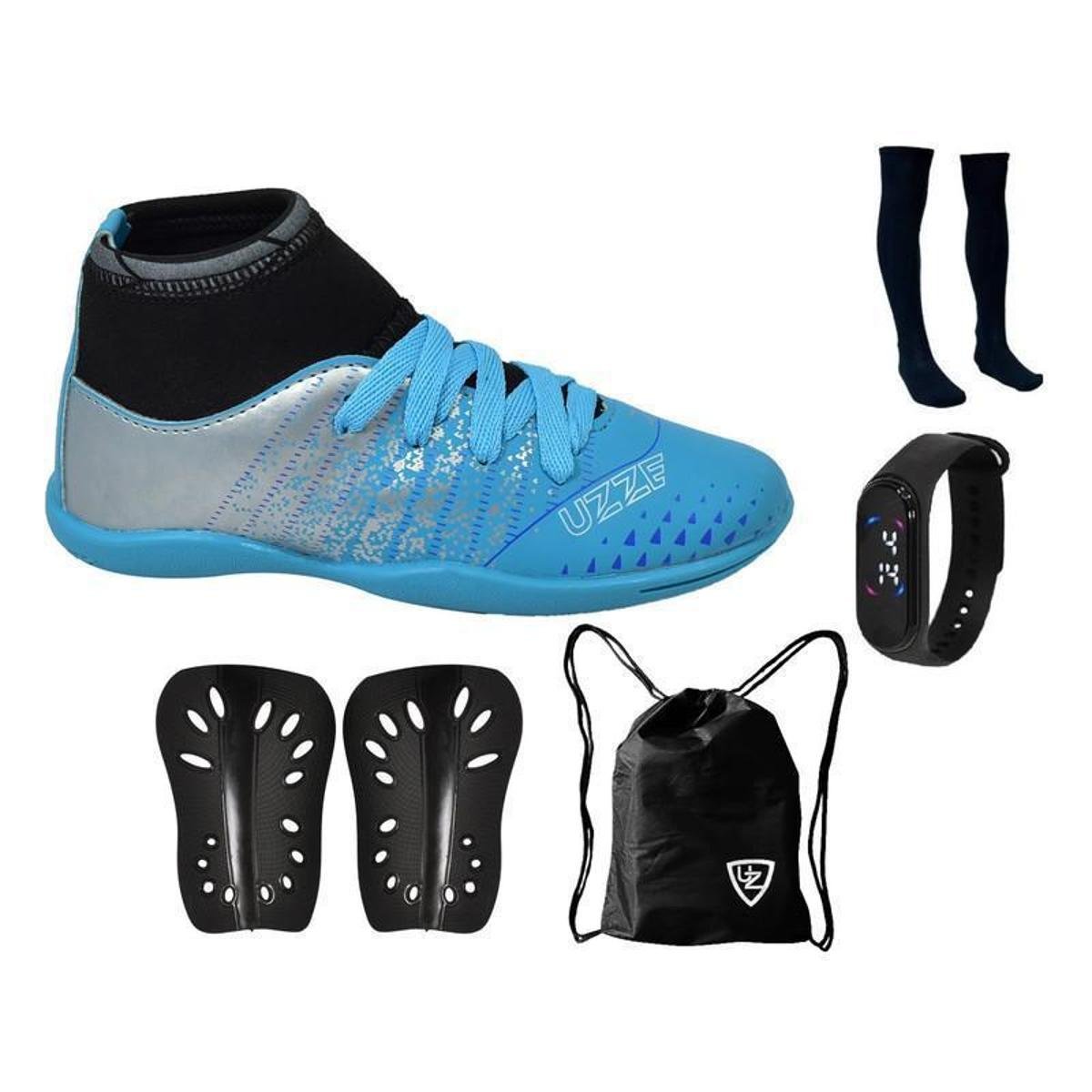 Chuteira Infantil Futsal UZ Futebol Quadra Cano Alto + Meião + Ceneleira + Relógio + Bolsa Esportiva Menor preço em Chuteira Infantil Futsal UZ Futebol Quadra Cano Alto + Meião + Ceneleira + Relógio + Bolsa Esportiva