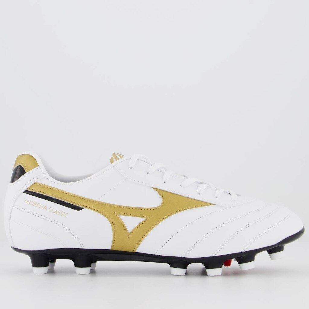 Chuteira Mizuno Morelia Classic MD Campo Branca e Dourada