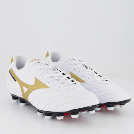 Chuteira Mizuno Morelia Classic MD Campo Branca e Dourada