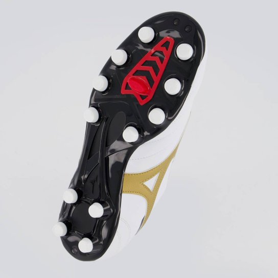 Chuteira Mizuno Morelia Classic MD Campo Branca e Dourada
