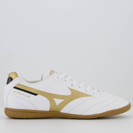 Chuteira Mizuno Morelia Club IN Futsal Branca e Dourada
