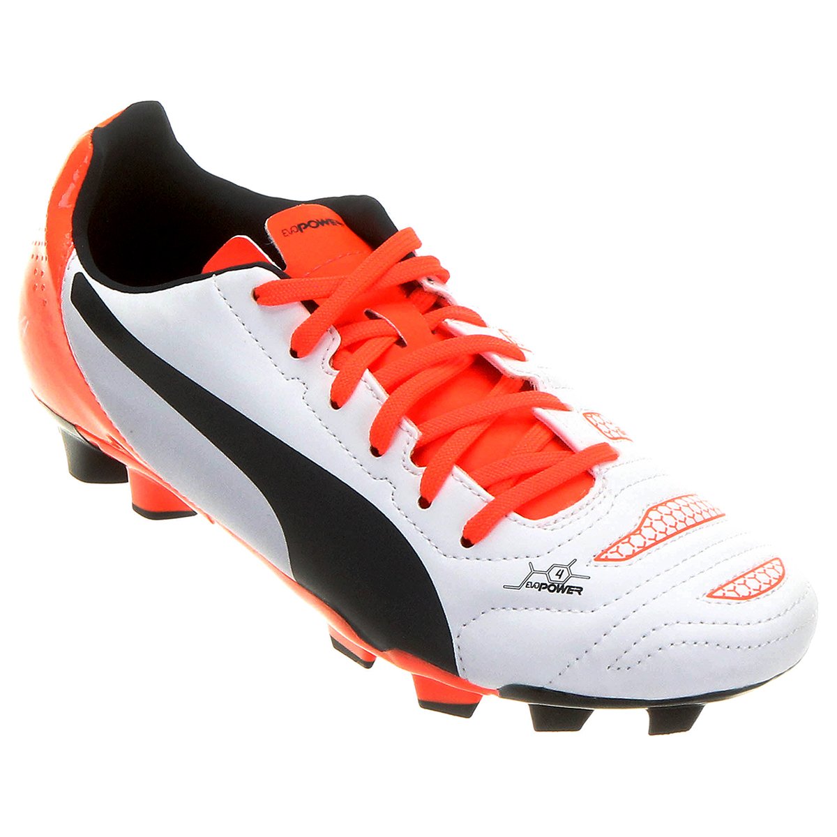 Chuteira Puma Evopower 4.2 FG Campo Juvenil - Branco+Laranja