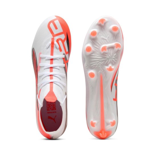 Chuteira Puma Ultra 5 Match+ FG/AG Campo Branca e Laranja