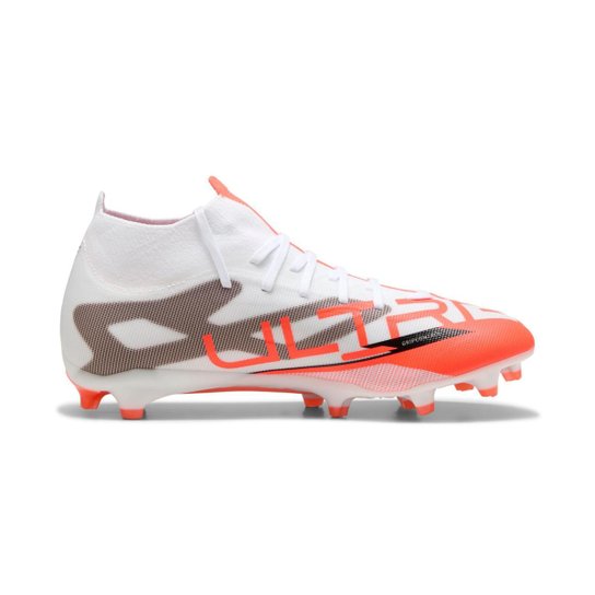 Chuteira Puma Ultra 5 Match+ FG/AG Campo Branca e Laranja