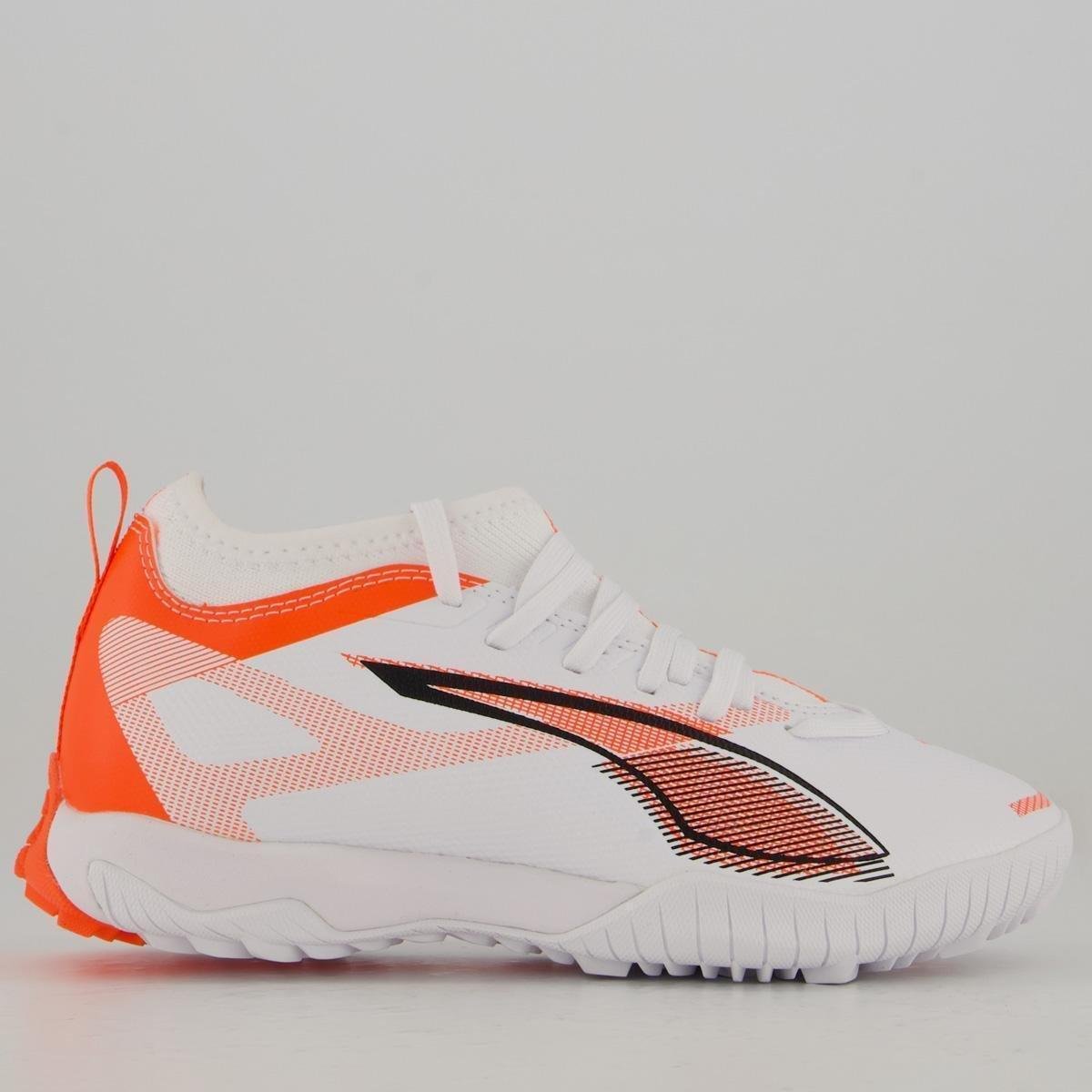 Chuteira Puma Ultra 5 Match TT + Mid Society Juvenil Branca e Vermelha Menor preço em Chuteira Puma Ultra 5 Match TT + Mid Society Juvenil Branca e Vermelha