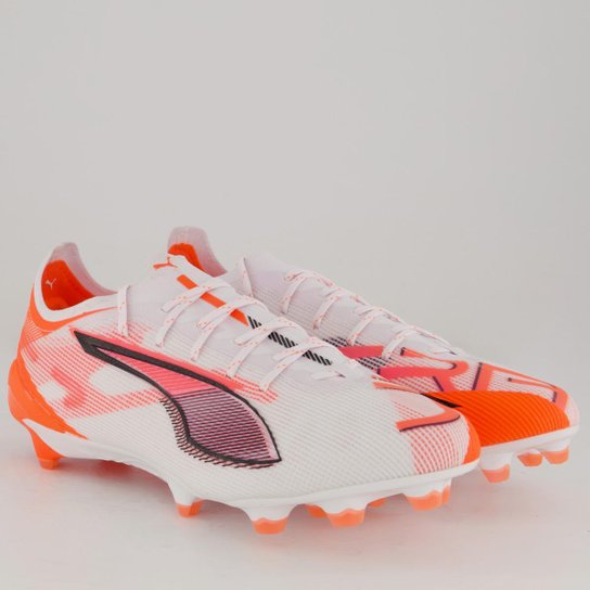Chuteira Puma Ultra 5 Ultimate FG Campo Branco e Laranja