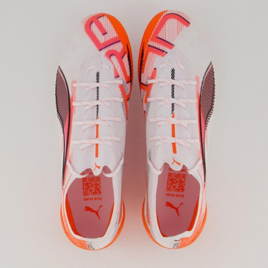 Chuteira Puma Ultra 5 Ultimate FG Campo Branco e Laranja