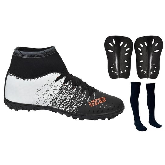 Chuteira Society Bota Cano Alto Costurada Futebol + Meião Caneleira - Preto Menor preço em Chuteira Society Bota Cano Alto Costurada Futebol + Meião Caneleira - Preto