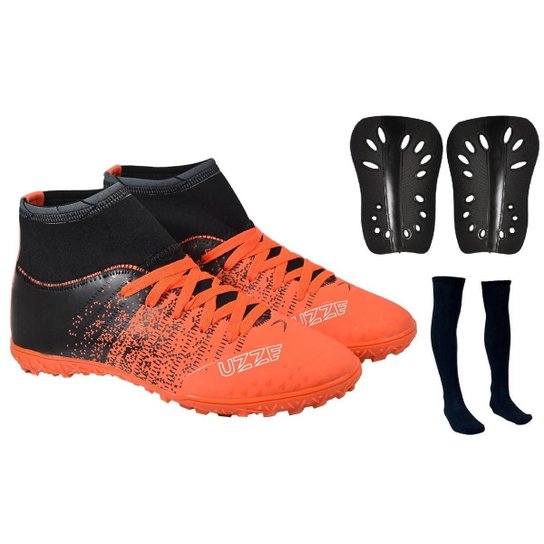 Chuteira Society Bota Cano Alto Costurada Futebol + Meião Caneleira - Laranja Menor preço em Chuteira Society Bota Cano Alto Costurada Futebol + Meião Caneleira - Laranja