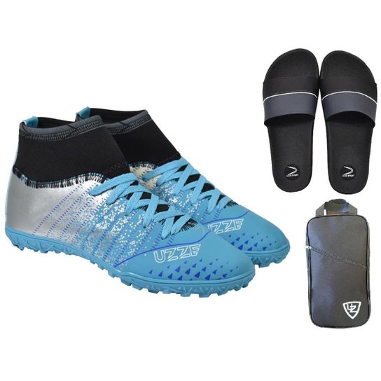 Chuteira Society Cano Alto Bota Costurada Futebol + Chinelo Slide Bolsa Mochila Esportiva - Azul+Cinza Menor preço em Chuteira Society Cano Alto Bota Costurada Futebol + Chinelo Slide Bolsa Mochila Esportiva - Azul+Cinza