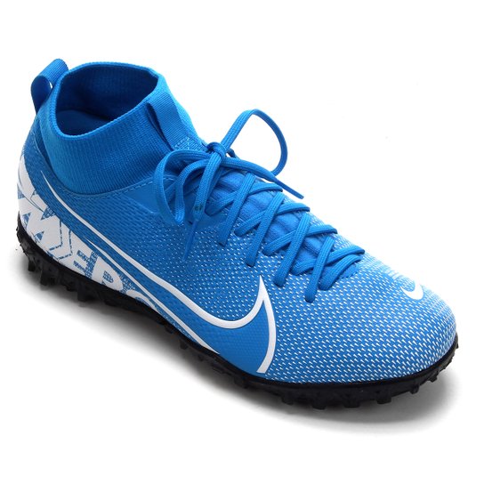 Chuteira Society Infantil Nike Mercurial Superfly 7 Academy TF - Azul+Branco Menor preço em Chuteira Society Infantil Nike Mercurial Superfly 7 Academy TF - Azul+Branco