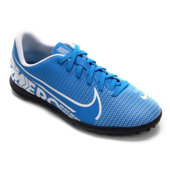 Chuteira Society Infantil Nike Mercurial Vapor 13 Club TF - Azul+Branco Menor preço em Chuteira Society Infantil Nike Mercurial Vapor 13 Club TF - Azul+Branco