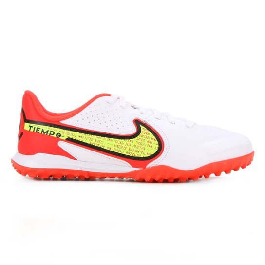 Chuteira Society Juvenil Nike Tiempo Legend 9 Academy - Branco+Laranja Menor preço em Chuteira Society Juvenil Nike Tiempo Legend 9 Academy - Branco+Laranja