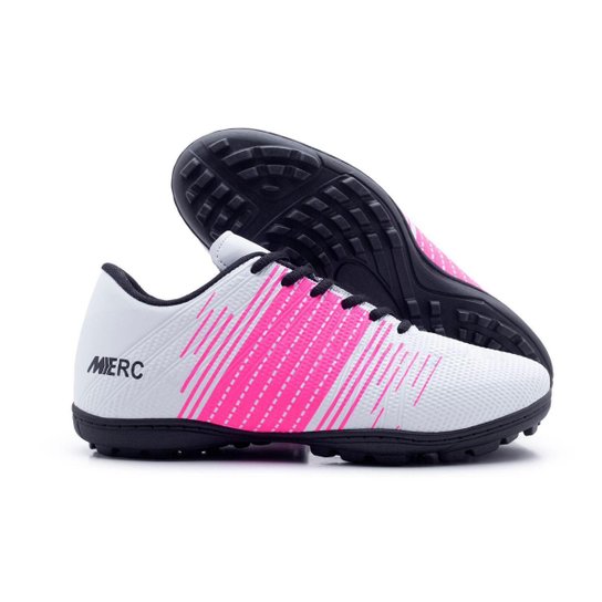 Chuteira Society Lançamento Merc Promoção - Branco+Rosa Menor preço em Chuteira Society Lançamento Merc Promoção - Branco+Rosa