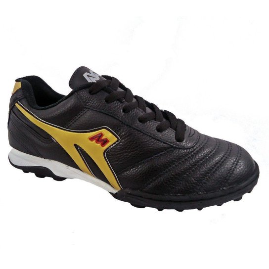 Chuteira Society Mathaus Azurra Couro Com Biqueira - Preto+Dourado Menor preço em Chuteira Society Mathaus Azurra Couro Com Biqueira - Preto+Dourado