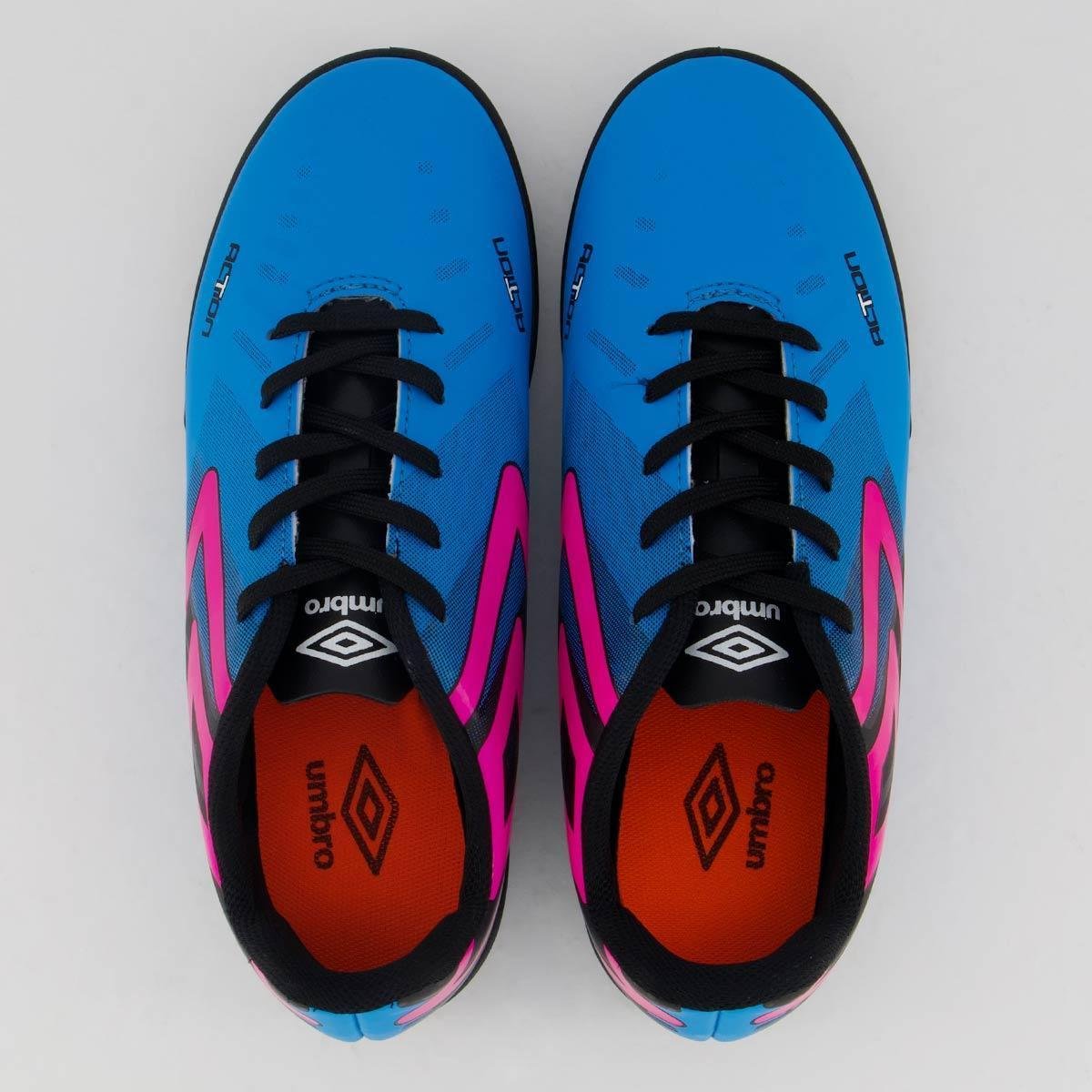 Chuteira Umbro Action Society Juvenil Azul e Rosa Azul Netshoes