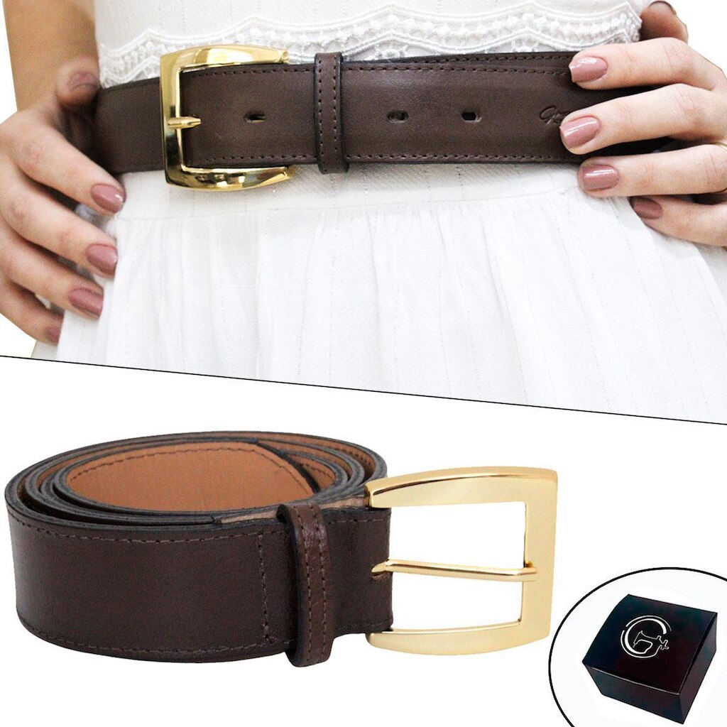 Cinto Feminino de Couro Marrom Sofisticado Fivela Banhada a Ouro NE